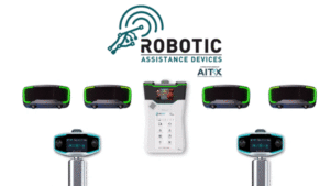 Illustration of 4 RAD ROSA 3.0 security robots, 2 AVA 3.0 access control devices, and 1 Wally robot in simulated autonomous response mode. This week, RAD has received multiple device orders and has signed one new dealer.