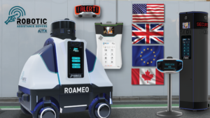 Illustration of all RAD security robotic devices along with flags from the US, UK, EU, and Canada. RAD now has distribution across North America and Europe.