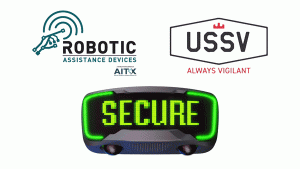 Illustration of 1 RAD ROSA 3.0 security robot in a simulated autonomous response mode. RAD has signed U.S. Secure Ventures (USSV) as a new authorized dealer and received an order for 1 ROSA.