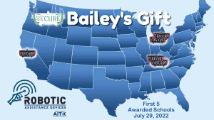 Map of the United States showing the locations of the initial 5 awarded recipients of RAD’s Bailey’s Gift ROSA with Firearm Detection systems.