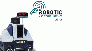 Illustration of 3 RAD ROAMEO mobile security robots and 3 ROSA devices in simulated autonomous response mode. RAD has received an expansion order for 2 ROAMEO robots from one of the nation’s largest vehicle retailers.