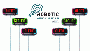Illustration of 6 RAD ROSA 3.0 security robots in simulated autonomous response mode. RAD has received an expansion order for 6 ROSA devices from one of its dealers to be deployed at a large global retailer.