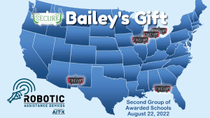 Map of the United States showing the locations of the second group 5 awarded recipients of RAD’s Bailey’s Gift ROSA with Firearm Detection systems.