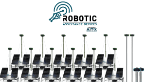 Illustration of a 11 RAD RIO solar-powered security robot towers, 2 ROSA devices and 2 AVA units in simulated autonomous response mode. RAD has received 6 orders totaling 15 units from authorized dealers.