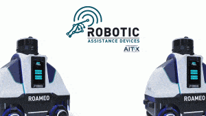 Illustration of 2 RAD ROAMEO mobile security robots on patrol. RAD has received an order for 2 ROAMEO robots from a Fortune 500 power utility.