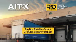 Artist's depiction of a RAD ROSA robot deployed at a busy distribution facility.