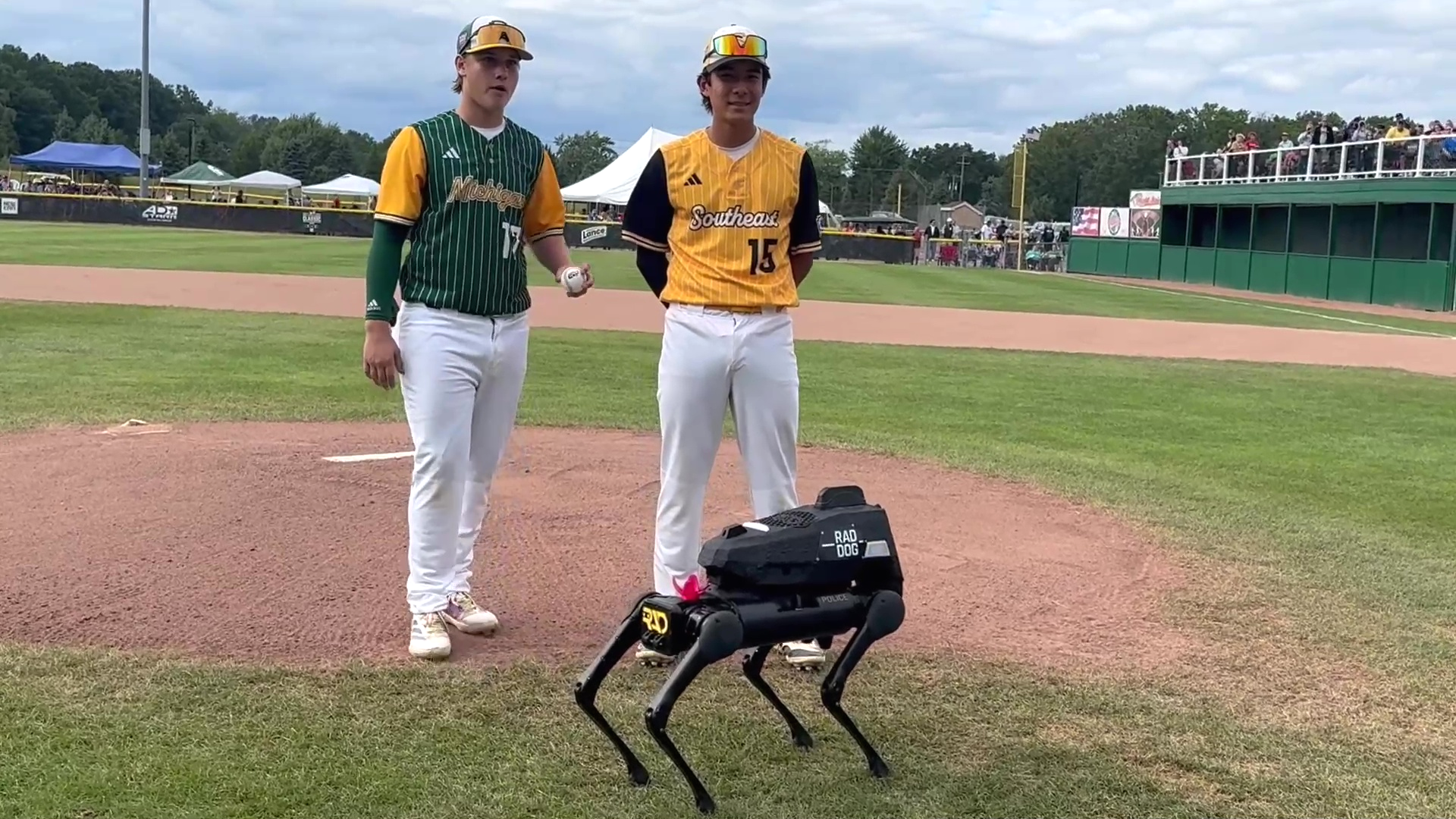 RADDOG delivers the opening pitch ball junior league world series