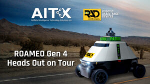 Artist’s representation of a RAD ROAMEO Gen 4 cruising down a highway. While ROAMEO is built for patrol, not pavement, this image is for promotional use only and does not reflect approved public roadway operation.