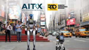 Artist’s depiction of the future of security, AITX’s HERO and RADDOG LE2, casually blending in with 400,000 tourists in Times Square.