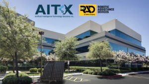 Artist's depiction of a RAD RIO Mini solar-powered security tower protecting a corporate campus parking lot.