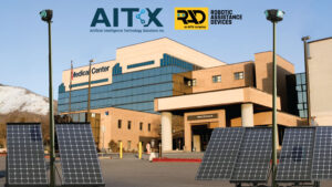Artist's depiction of RAD RIO 180 (left) and RIO 360 (right) solar-powered security towers protecting a medical center’s entrance and parking lot.
