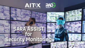 Artist’s depiction of SARA ASSIST enhancing a busy security monitoring center. The agentic AI platform works in parallel with human personnel, streamlining verification, communication, and reporting across live video feeds.