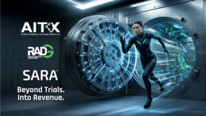 Artist’s depiction of RAD-G’s SARA symbolizing the shift from evaluation to execution as agentic AI enters active monetization.