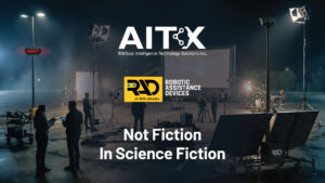 Artist’s depiction of a RAD ROSA and RIO 360 deployed on an active nighttime film production set, illustrating real world autonomous security systems operating alongside a professional movie crew.