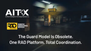 Artist’s depiction of a multifamily property deployment featuring ROSA in the parking area and RADCam Enterprise at secured entry points, operating under SARA coordination.